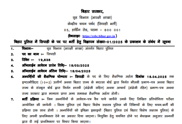 Bihar Police Constable Recruitment 2025