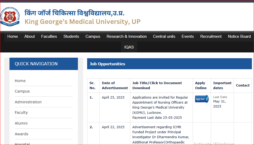 KGMU Lucknow Nursing Officer Recruitment 2025
